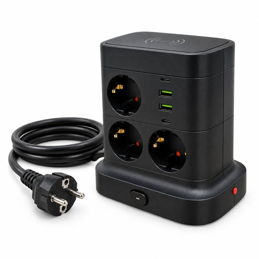 Prelungitor electric tip turn, vedere din față cu porturi USB, cablu negru aranjat și ștecăr european
