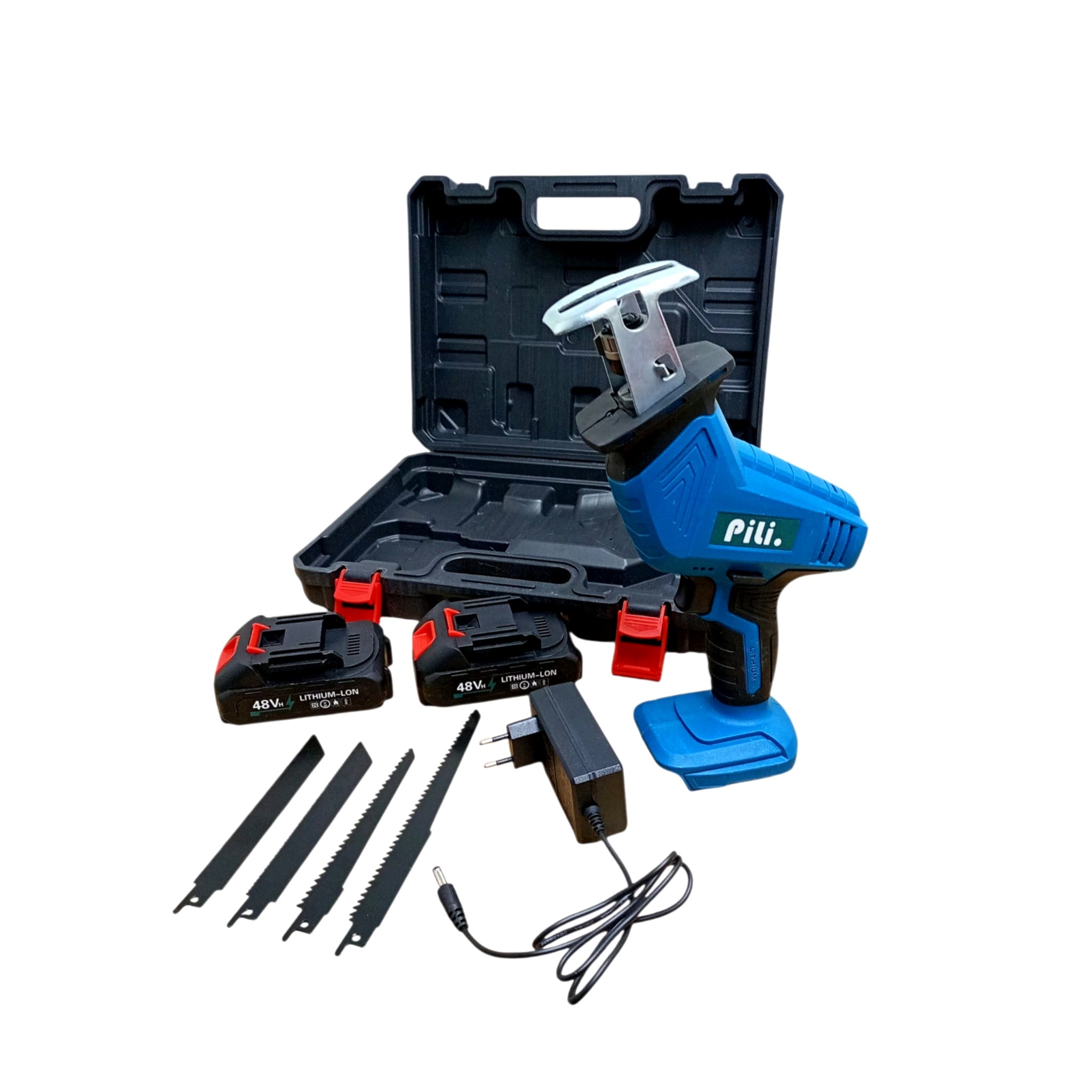 Fierăstrău Sabie cu Acumulator 48V, 2 Baterii Li-Ion + 4 Lame, Set Complet