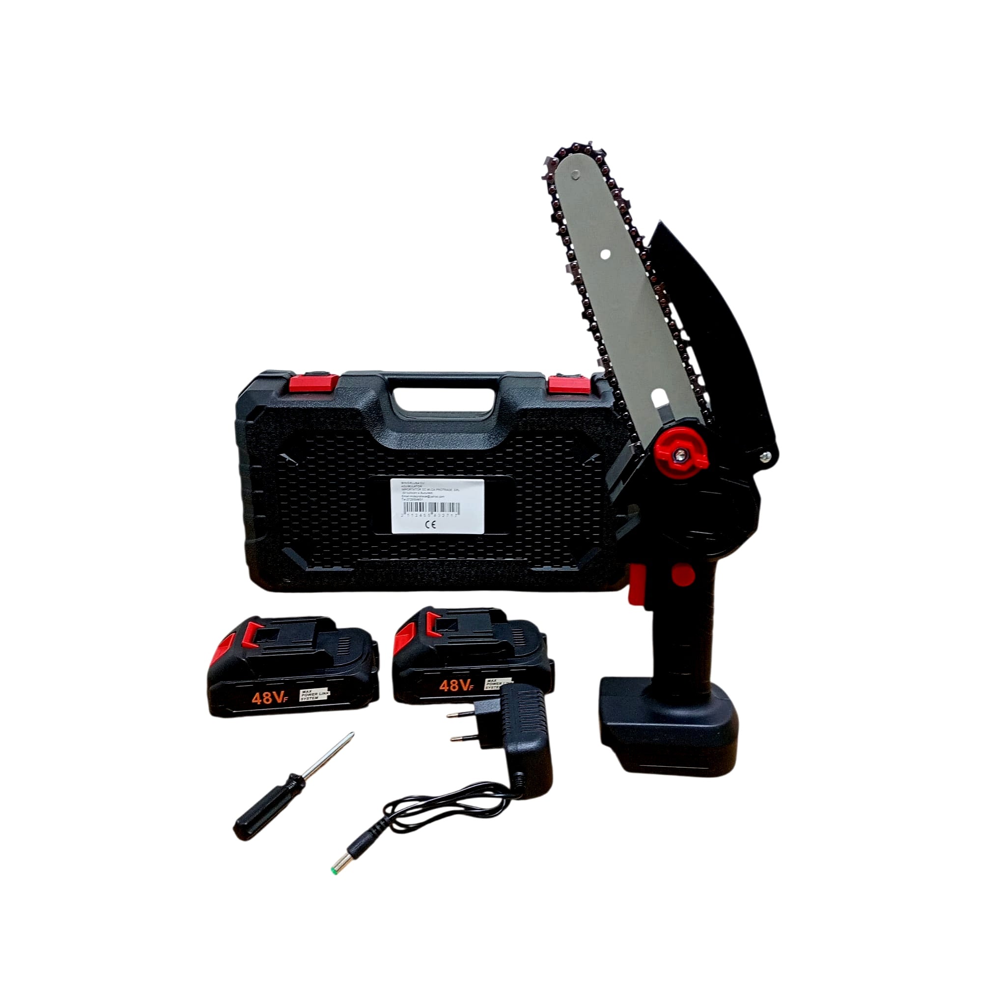 Mini Drujbă Electrică 48V cu Lamă 6 Inch (18,5 cm) – Set Complet cu 2 Acumulatori și Valiză