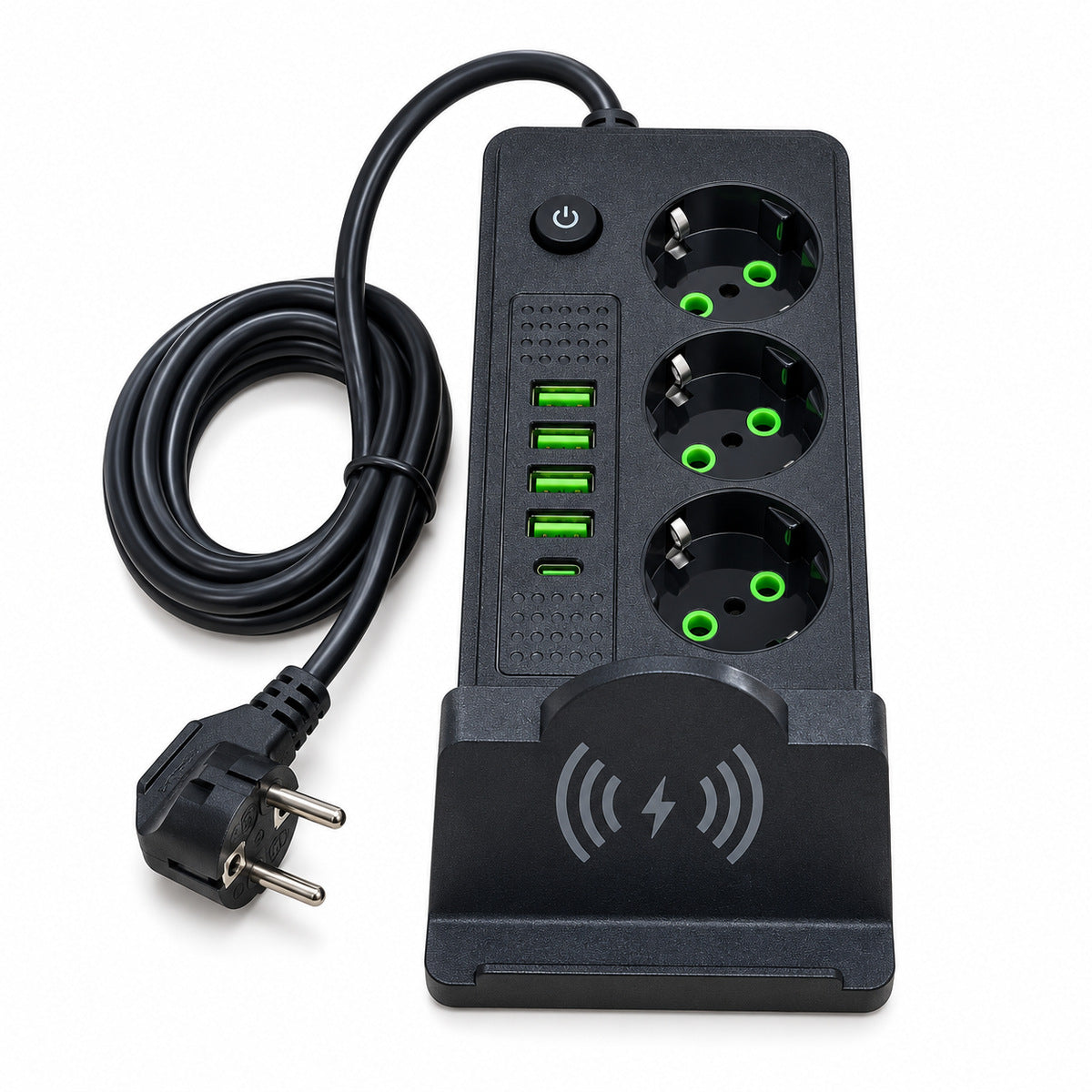 Încărcător wireless și prelungitor QL-1080U negru cu cablu circular, vedere frontală