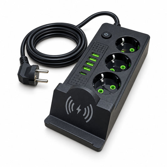 Încărcător wireless QL-1080U negru cu 3 prize, 4 USB-A, USB-C și cablu circular, vedere din dreapta