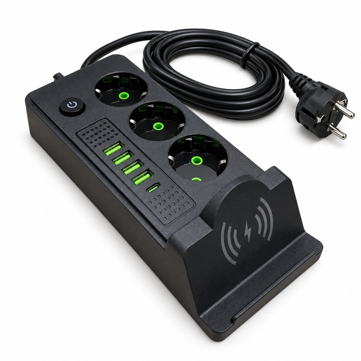 Prelungitor negru QL-1080U cu suport wireless și cablu circular, vedere din stânga