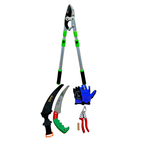 Set foarfecă pomi extensibilă + foarfecă vie + fierăstrău + mănuși protecție