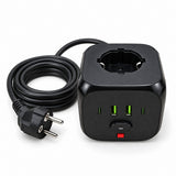 Prelungitor Y13 negru, porturi USB și întrerupător frontal, cablu circular pe fundal alb