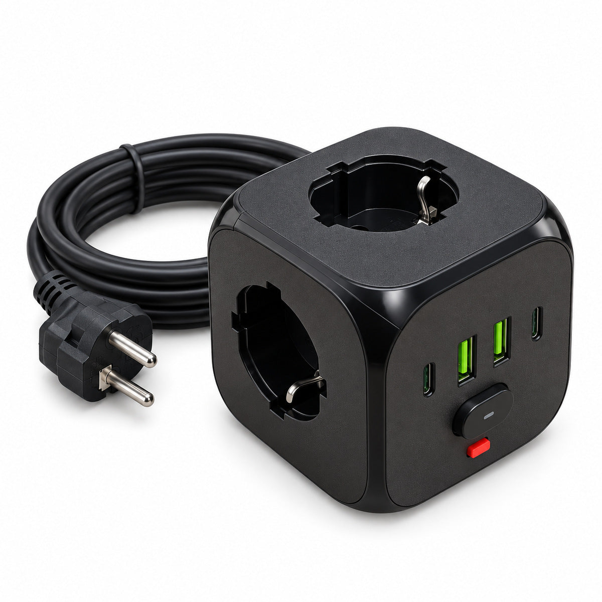 Prelungitor electric cub Y13 negru cu 3 prize, 2 USB-C și 2 USB-A, cablu circular, vedere laterală stânga