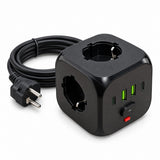 Prelungitor electric cub Y13 negru cu 3 prize, 2 USB-C și 2 USB-A, cablu circular, vedere laterală stânga